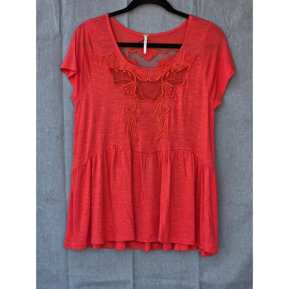 Free People Coral Orange Embroidered Mesh Babydoll Top Short Sleeve Small